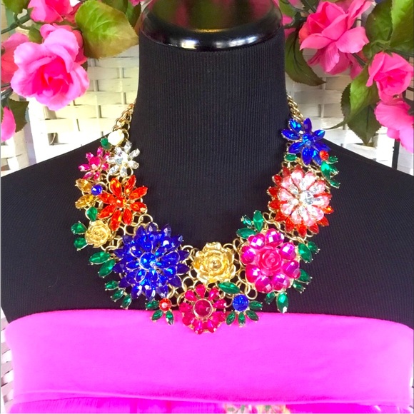 💖See New Listing💖 Rhinestone Floral Blue Pink Red Chunky Bib Statement Necklac - Picture 6 of 8